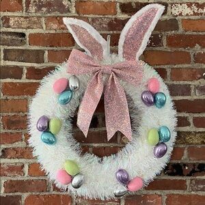 Pink Bunny Ear Easter Wreath with Pastel Eggs